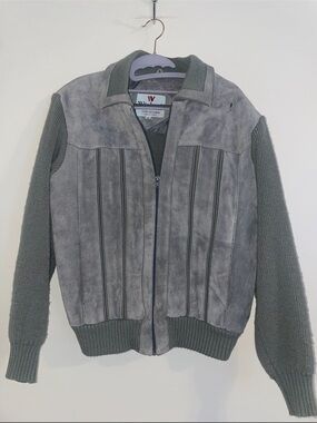 Vintage windcrest Grey Suede Sleeve Men's Sweater Jacket